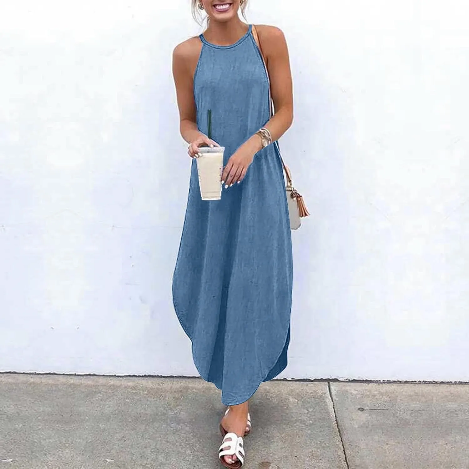 FZYLQY Maxi Dresses for Women Summer Halter Neck Denim Sundress Casual Sleeveless Long Vacation Beach Cocktail Dress