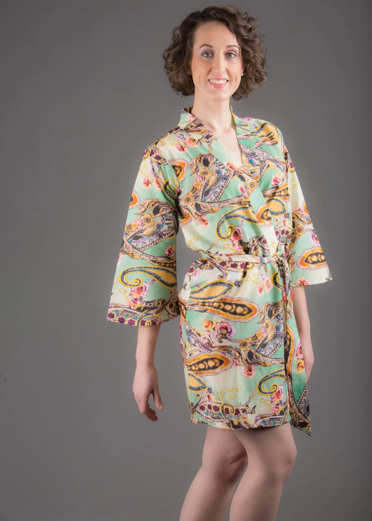 Green Paisley Silk/Cotton Blend Digital Print Floral Knee Length, Kimono Crossover Belted Robe