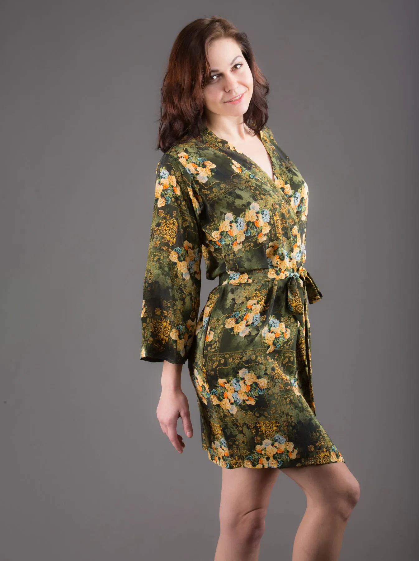 Green Silk Digital Print Floral Knee Length, Kimono Crossover Belted Robe