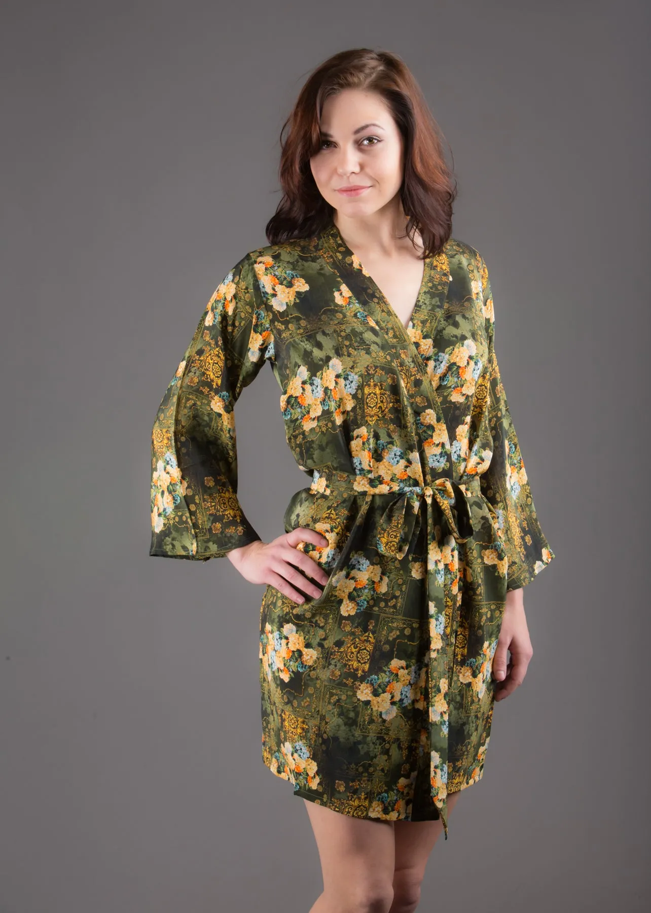 Green Silk Digital Print Floral Knee Length, Kimono Crossover Belted Robe