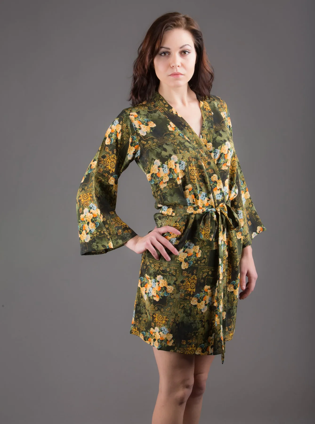Green Silk Digital Print Floral Knee Length, Kimono Crossover Belted Robe
