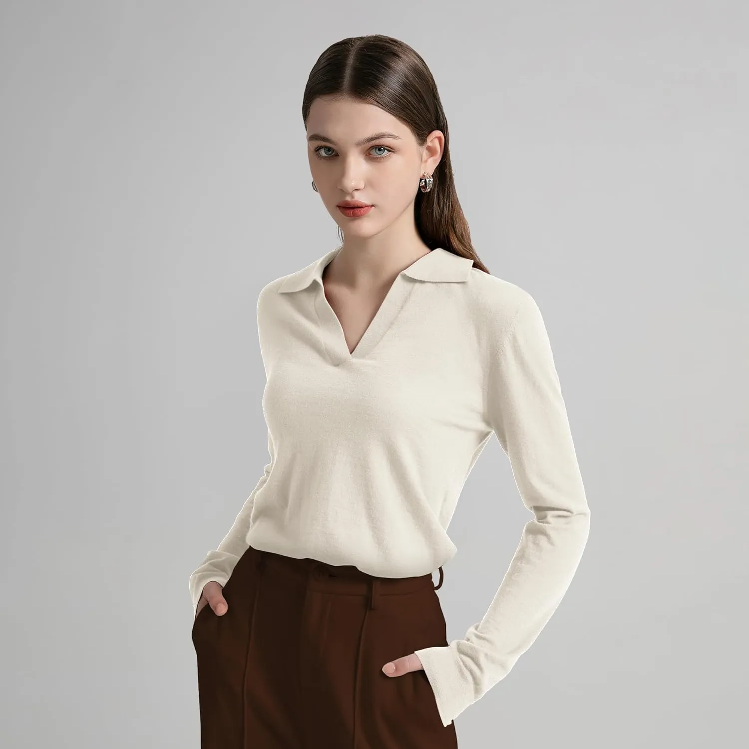 GreenMount Womens Super Lightweight Worsted Deep V-Polo Cashmere Sweater Pullover for Spring and Summer Keep 37.5 Warm