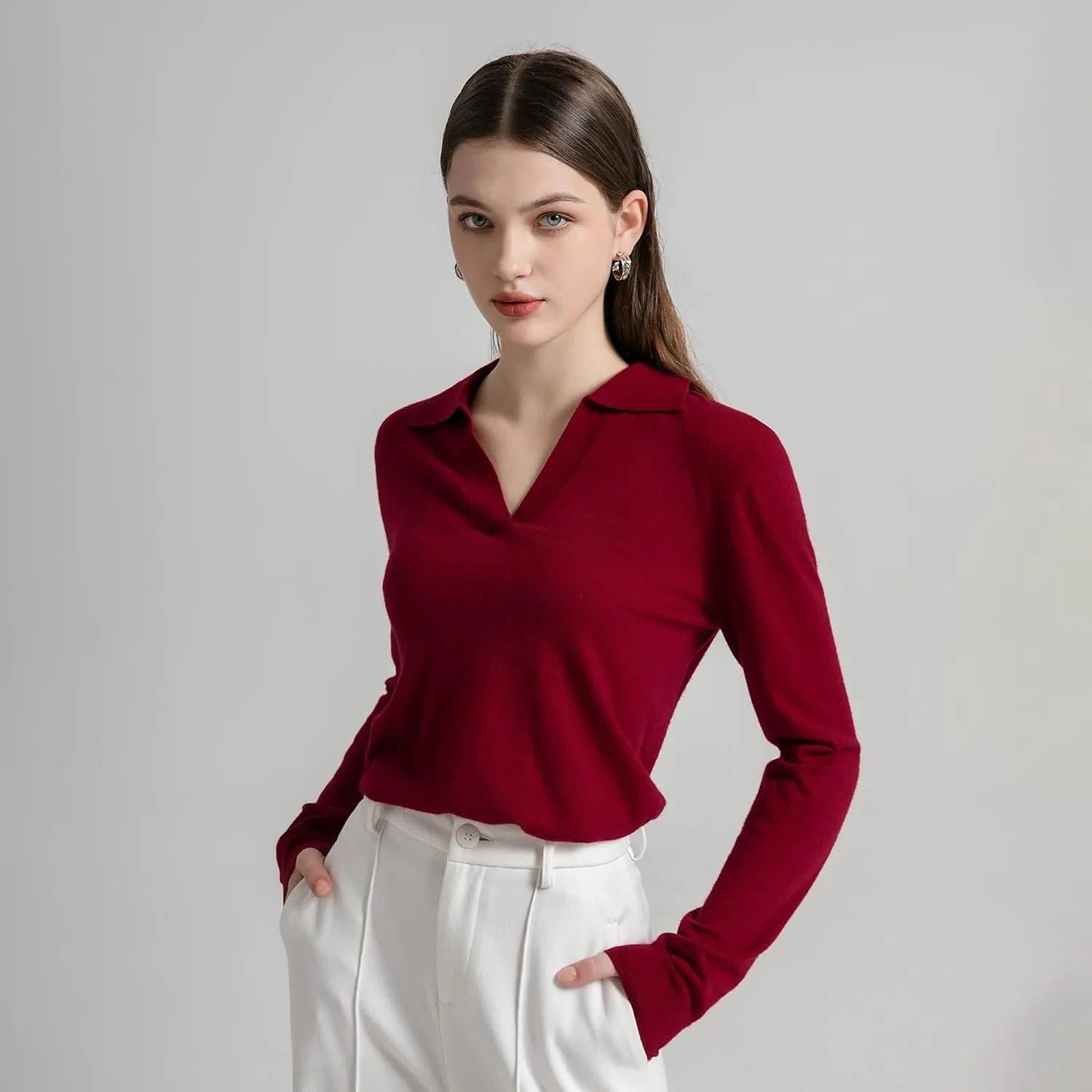 GreenMount Womens Super Lightweight Worsted Deep V-Polo Cashmere Sweater Pullover for Spring and Summer Keep 37.5 Warm
