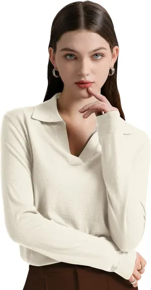 GreenMount Womens Super Lightweight Worsted Deep V-Polo Cashmere Sweater Pullover for Spring and Summer Keep 37.5 Warm