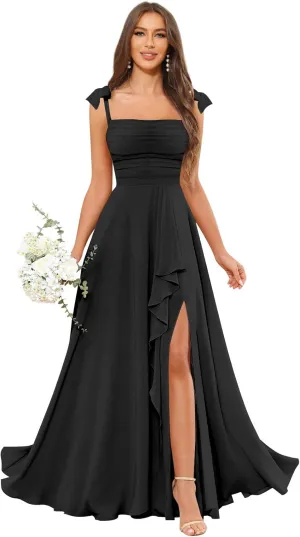 GUKARLEED Womens Long Bridesmaid Dresses Wrap Ruffles Chiffon Scoop Neck Slit A-line Wedding Guest Formal Dress with Pockets