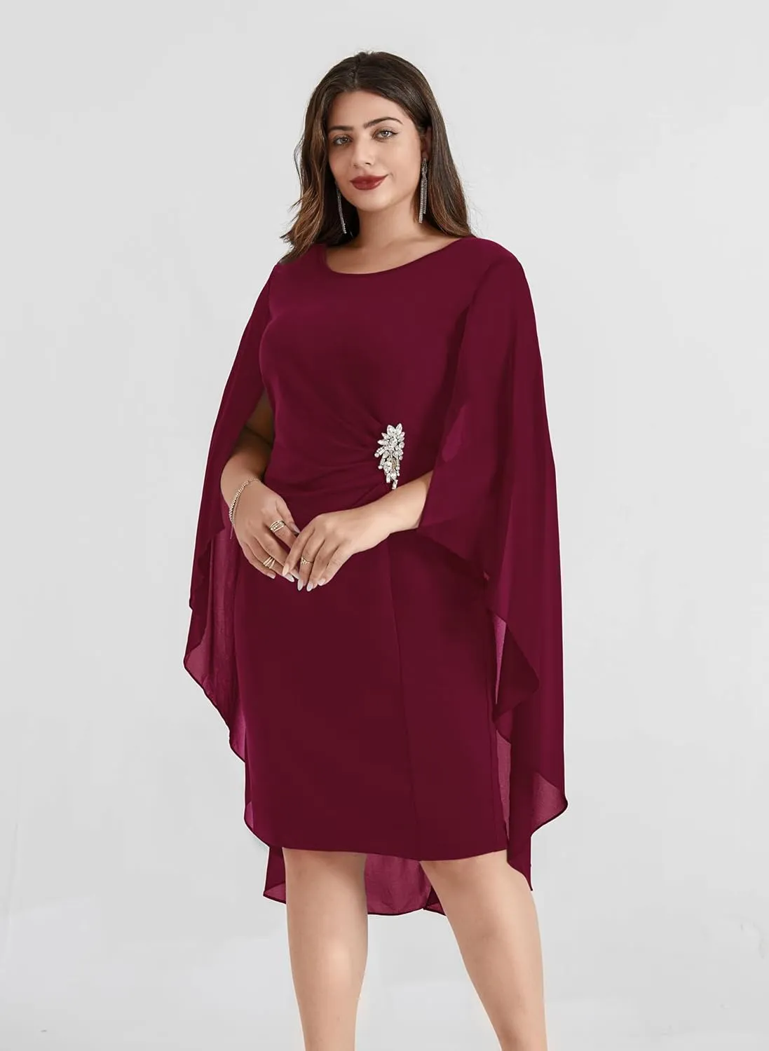 Hanna Nikole Womens Plus Size Chiffon Cape Dress Crew Neck Wedding Guest Dresses Ruched Bodycon Cocktail Pencil Dress