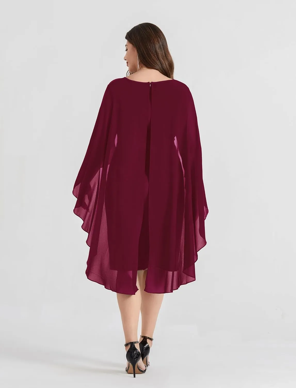 Hanna Nikole Womens Plus Size Chiffon Cape Dress Crew Neck Wedding Guest Dresses Ruched Bodycon Cocktail Pencil Dress