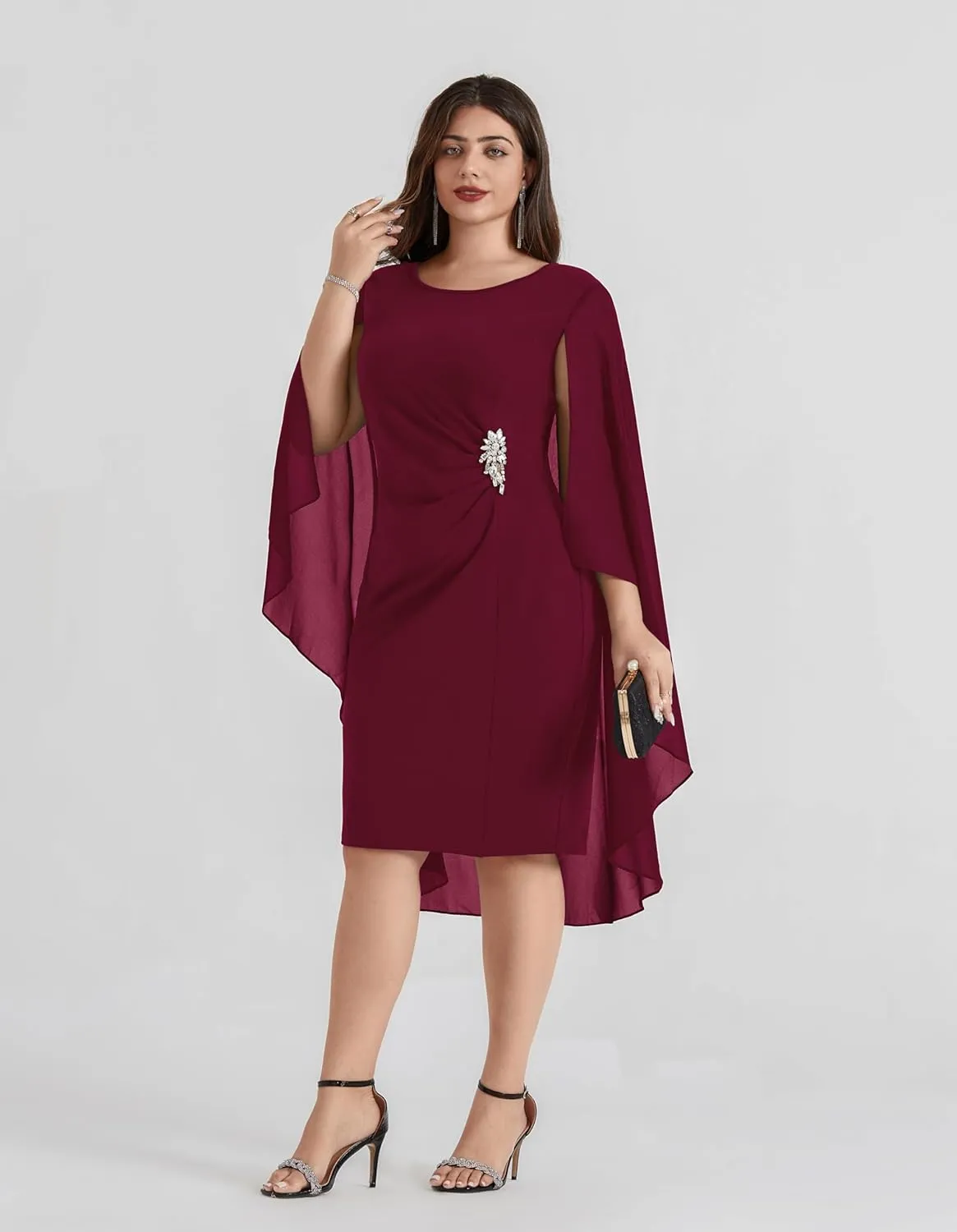 Hanna Nikole Womens Plus Size Chiffon Cape Dress Crew Neck Wedding Guest Dresses Ruched Bodycon Cocktail Pencil Dress