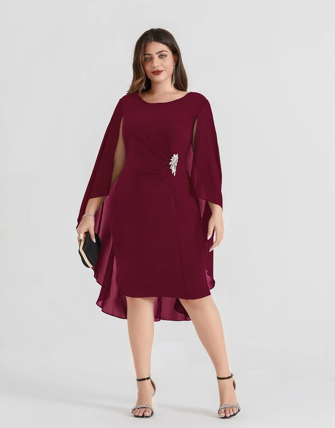 Hanna Nikole Womens Plus Size Chiffon Cape Dress Crew Neck Wedding Guest Dresses Ruched Bodycon Cocktail Pencil Dress