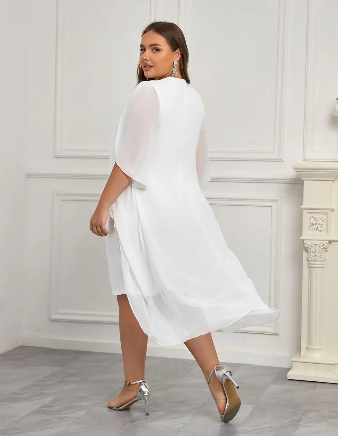 Hanna Nikole Womens Plus Size Chiffon Cocktail Dress Ruffle 3/4 Sleeve Wedding Guest Party Dresses with High Low Hem