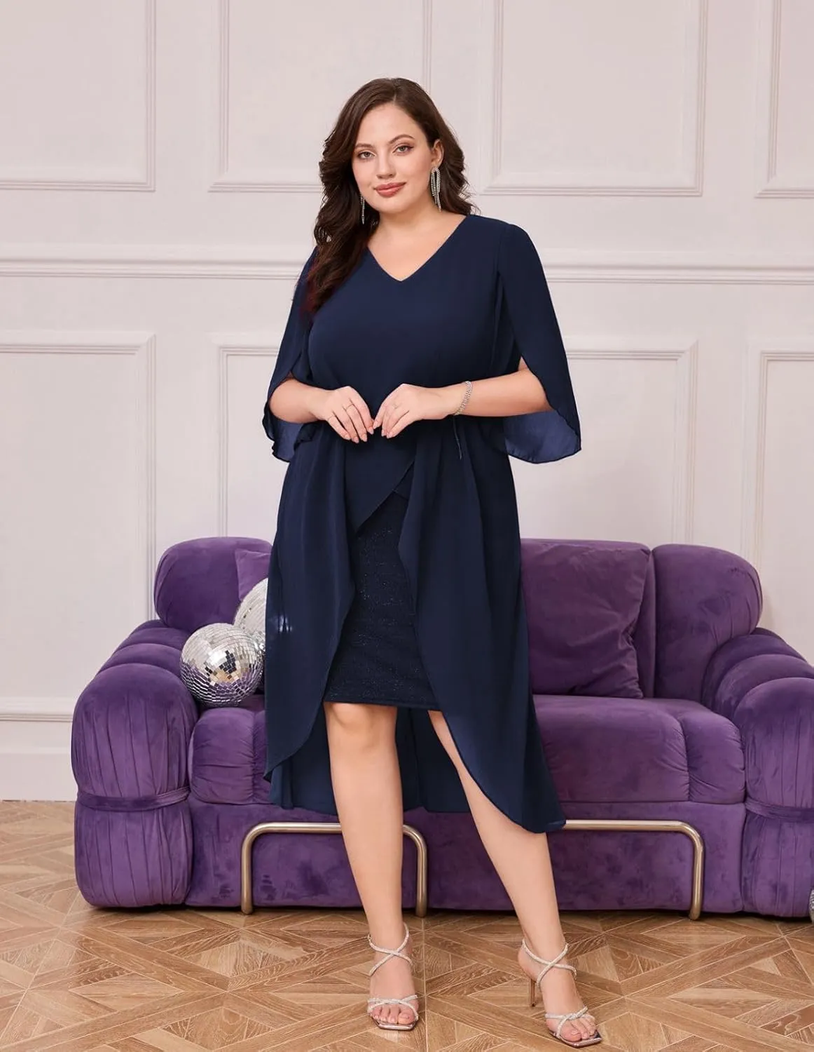 Hanna Nikole Womens Plus Size Chiffon Cocktail Dress Ruffle 3/4 Sleeve Wedding Guest Party Dresses with High Low Hem