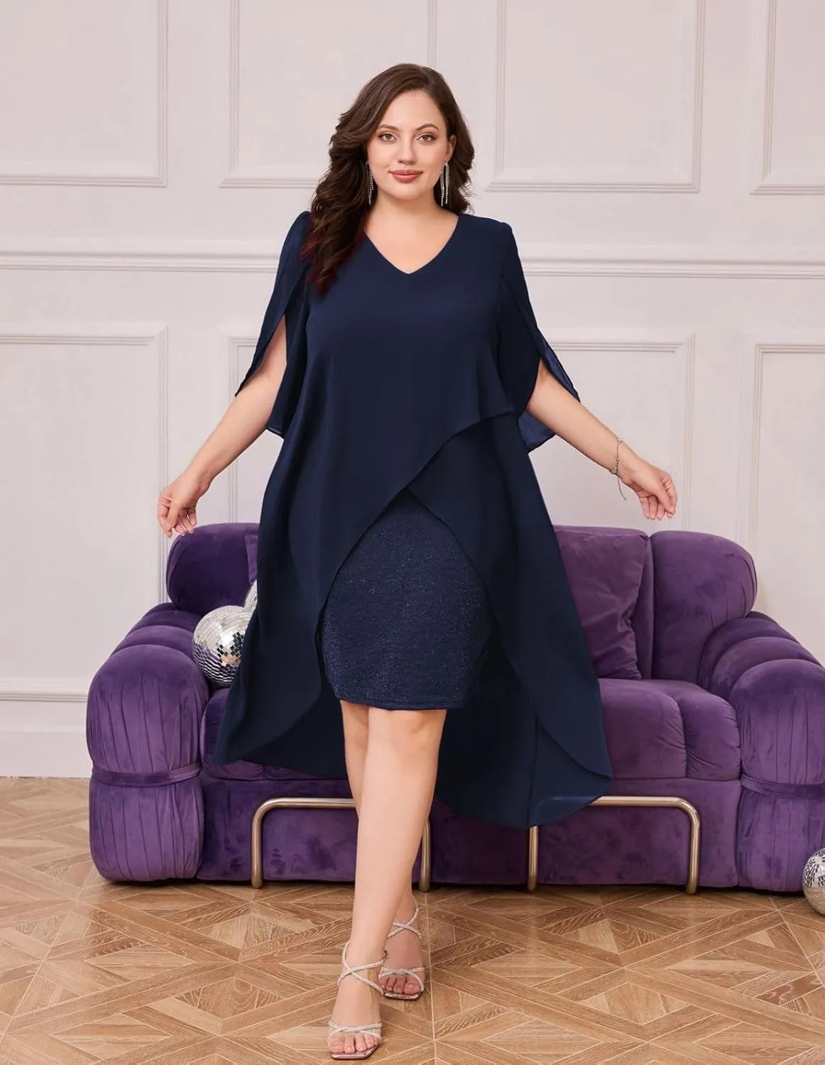 Hanna Nikole Womens Plus Size Chiffon Cocktail Dress Ruffle 3/4 Sleeve Wedding Guest Party Dresses with High Low Hem