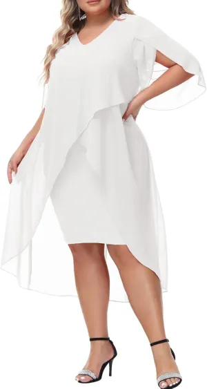 Hanna Nikole Womens Plus Size Chiffon Cocktail Dress Ruffle 3/4 Sleeve Wedding Guest Party Dresses with High Low Hem