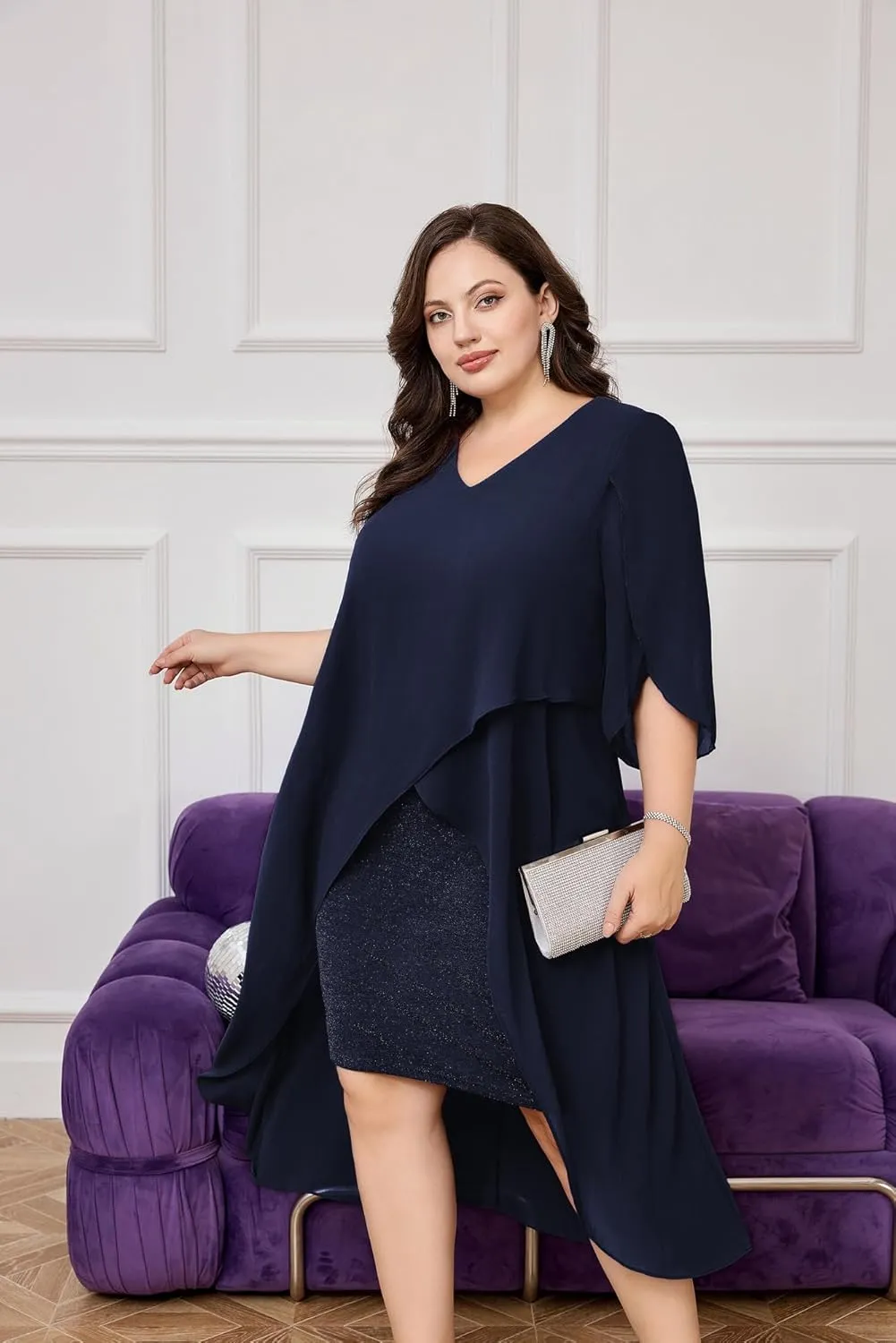 Hanna Nikole Womens Plus Size Chiffon Cocktail Dress Ruffle 3/4 Sleeve Wedding Guest Party Dresses with High Low Hem