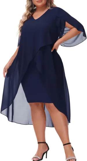 Hanna Nikole Womens Plus Size Chiffon Cocktail Dress Ruffle 3/4 Sleeve Wedding Guest Party Dresses with High Low Hem