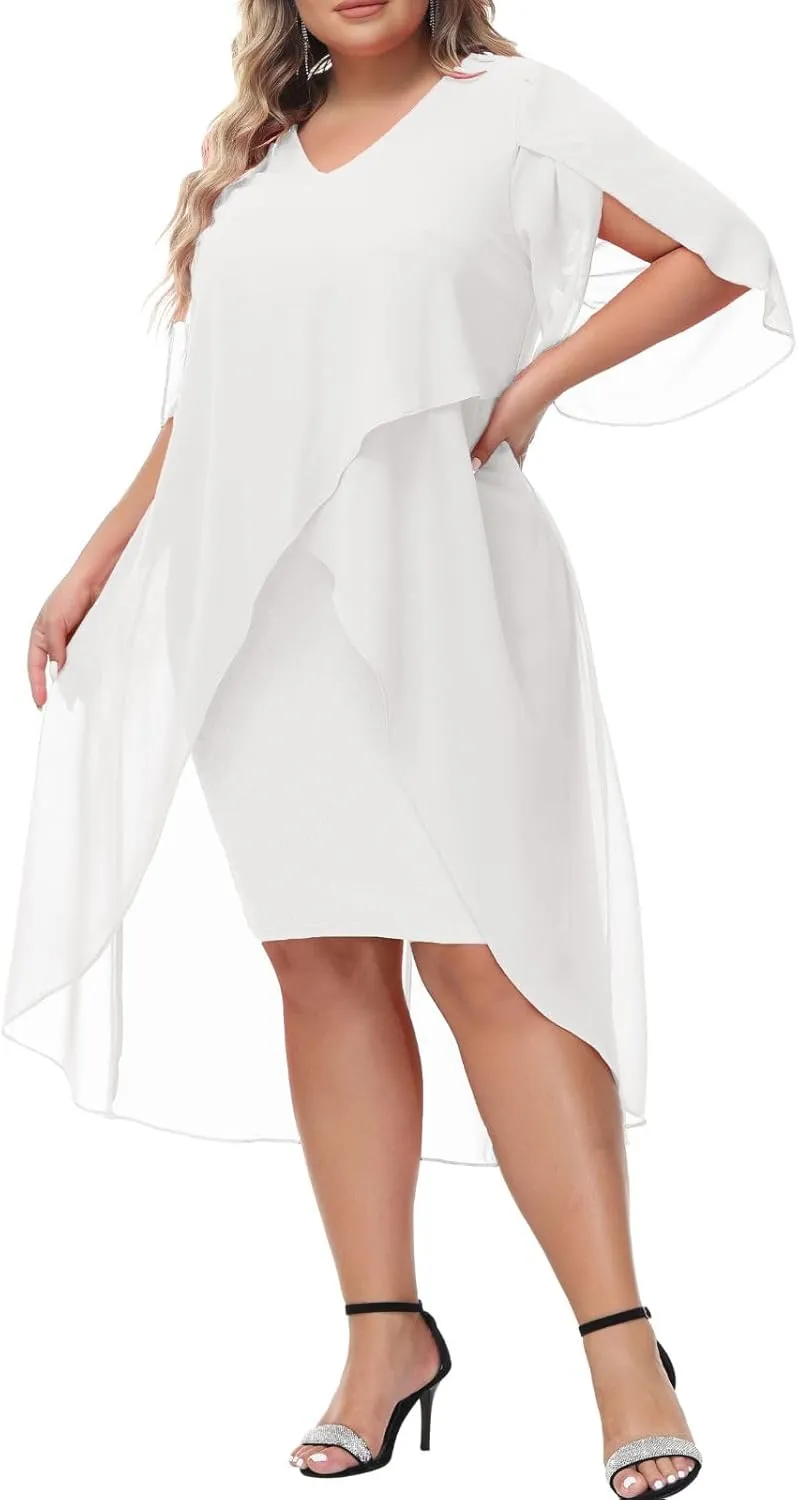 Hanna Nikole Womens Plus Size Chiffon Cocktail Dress Ruffle 3/4 Sleeve Wedding Guest Party Dresses with High Low Hem