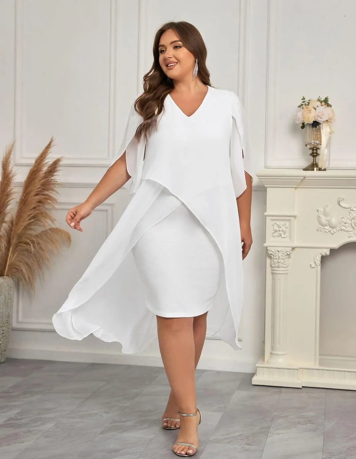 Hanna Nikole Womens Plus Size Chiffon Cocktail Dress Ruffle 3/4 Sleeve Wedding Guest Party Dresses with High Low Hem