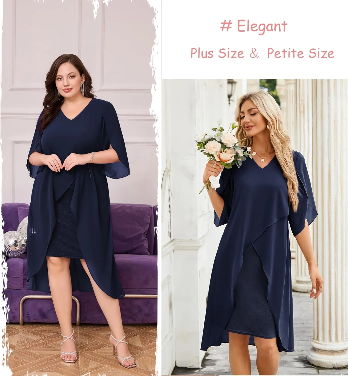 Hanna Nikole Womens Plus Size Chiffon Cocktail Dress Ruffle 3/4 Sleeve Wedding Guest Party Dresses with High Low Hem