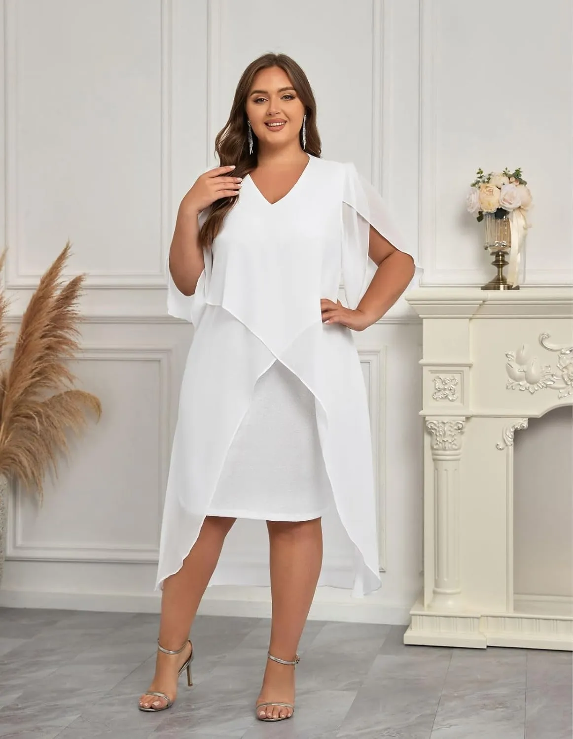 Hanna Nikole Womens Plus Size Chiffon Cocktail Dress Ruffle 3/4 Sleeve Wedding Guest Party Dresses with High Low Hem