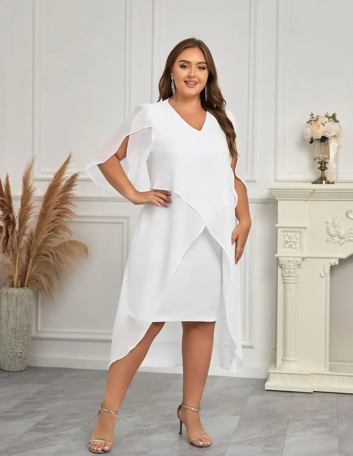 Hanna Nikole Womens Plus Size Chiffon Cocktail Dress Ruffle 3/4 Sleeve Wedding Guest Party Dresses with High Low Hem
