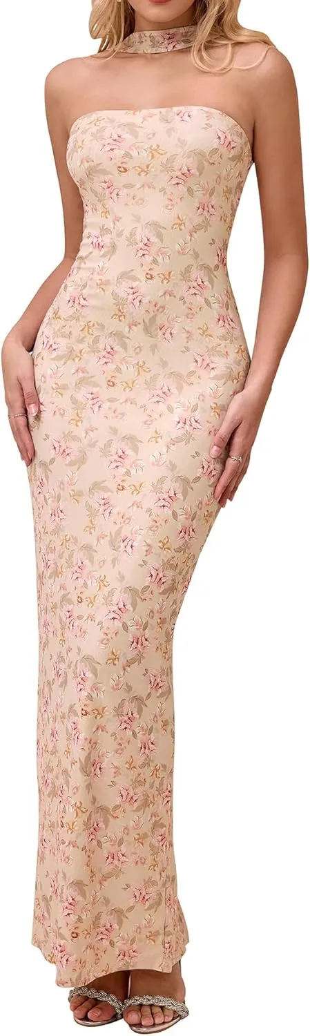 HTZMO Women Elegant Summer Bodycon Maxi Dress Halter Neck Formal Wedding Guest Cocktail Party Long Dresses