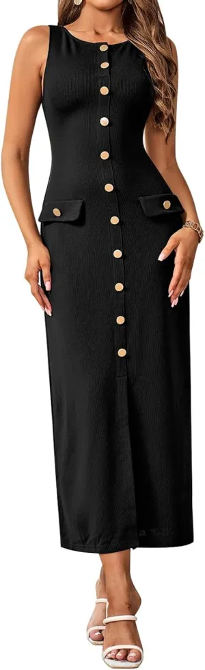 HTZMO Women's Sleeveless Sweater Maxi Dress Bodycon Button Ribbed Knit Pullover Casual Long Dresses for Office Work