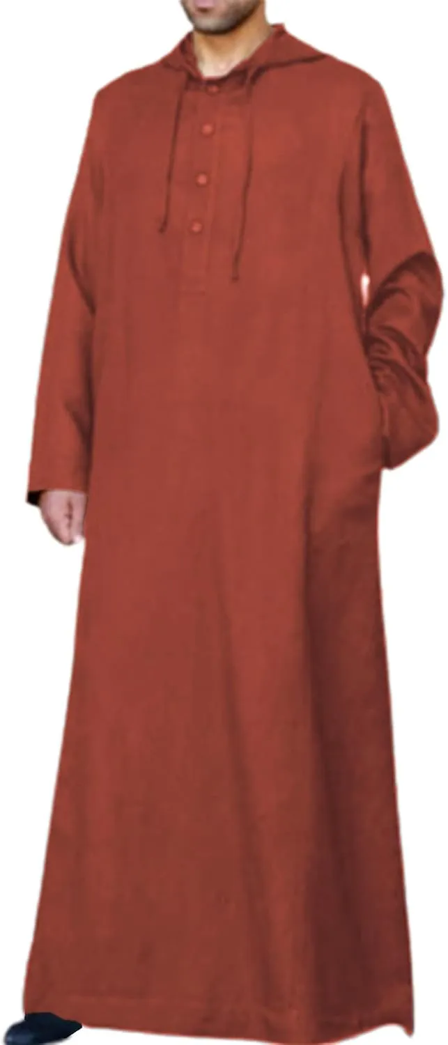 Jacansi Men's Cotton Linen Robe Casual Kaftan Thobe Long Gown Hoodie Drawstring Retro Long Sleeve