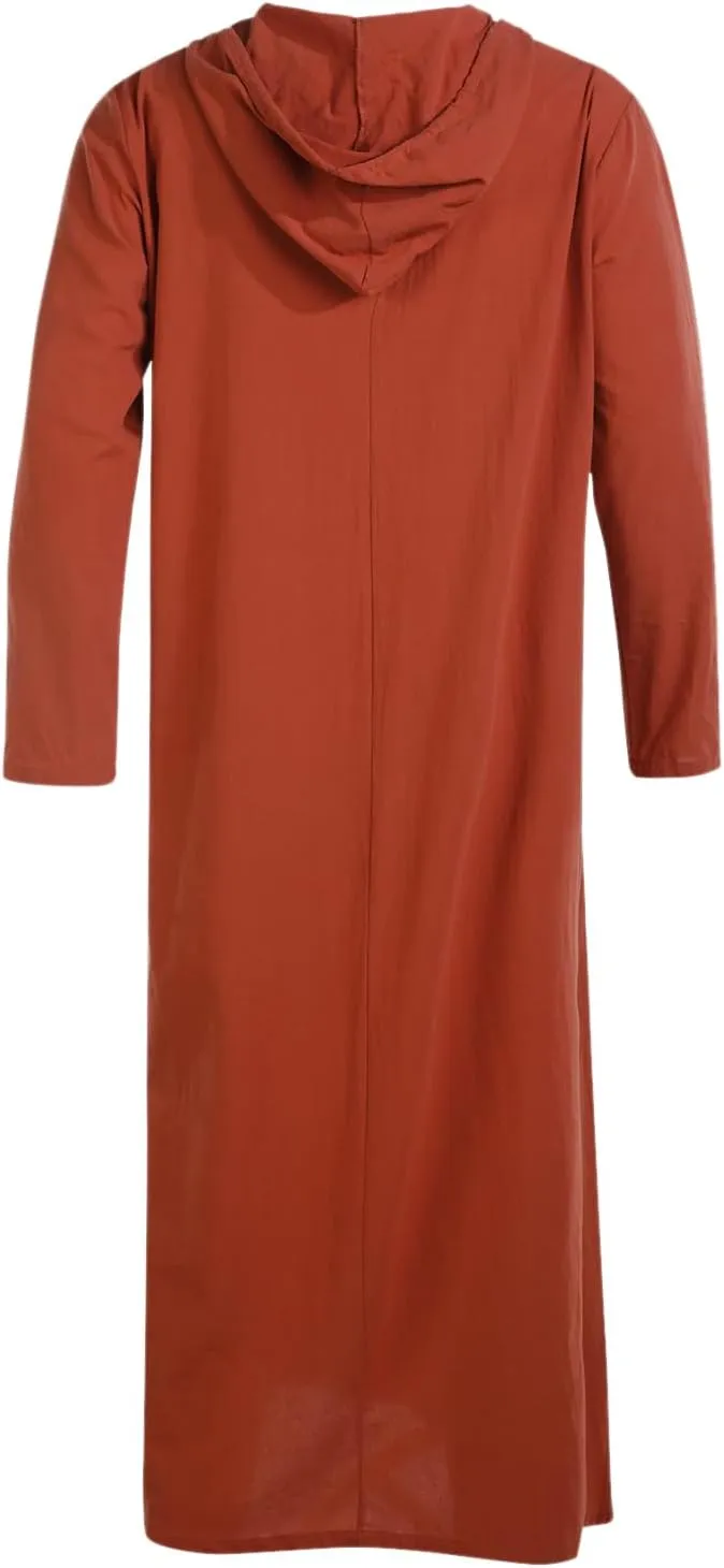 Jacansi Men's Cotton Linen Robe Casual Kaftan Thobe Long Gown Hoodie Drawstring Retro Long Sleeve