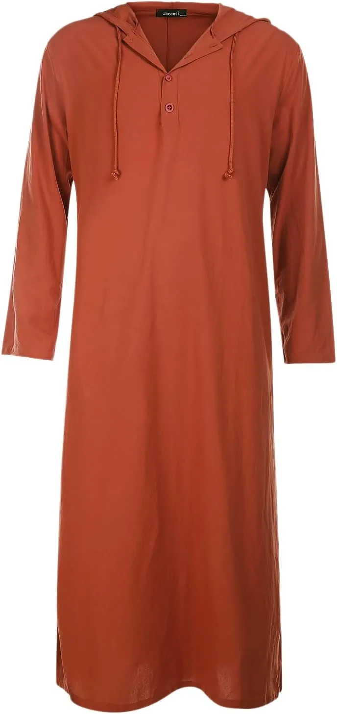 Jacansi Men's Cotton Linen Robe Casual Kaftan Thobe Long Gown Hoodie Drawstring Retro Long Sleeve