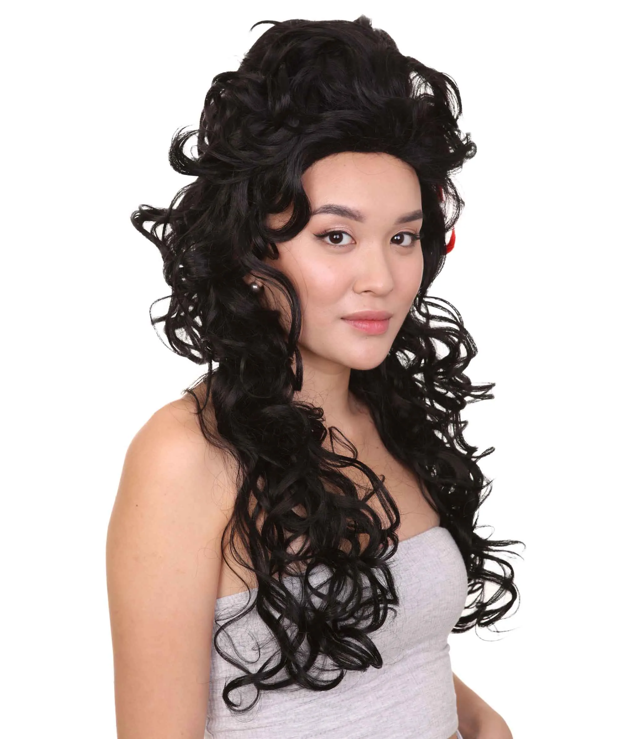 Ladies Wig | Black Curly Layered Womens Wig with Red Touch | Premium Breathable Capless Cap