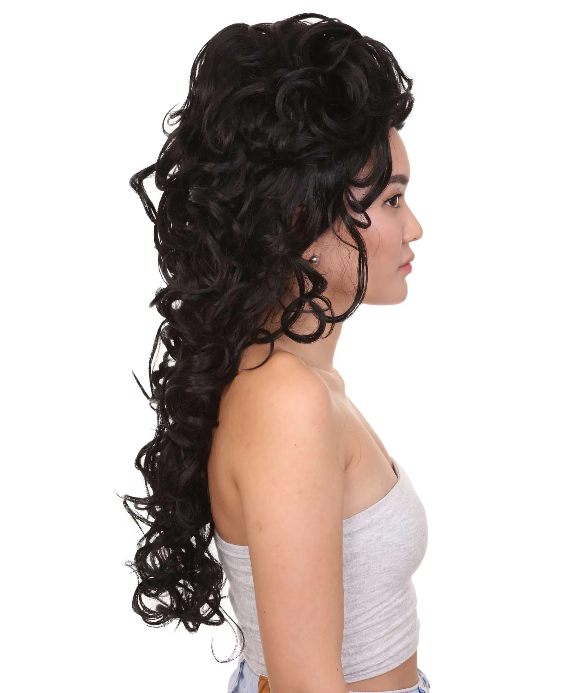 Ladies Wig | Black Curly Layered Womens Wig with Red Touch | Premium Breathable Capless Cap