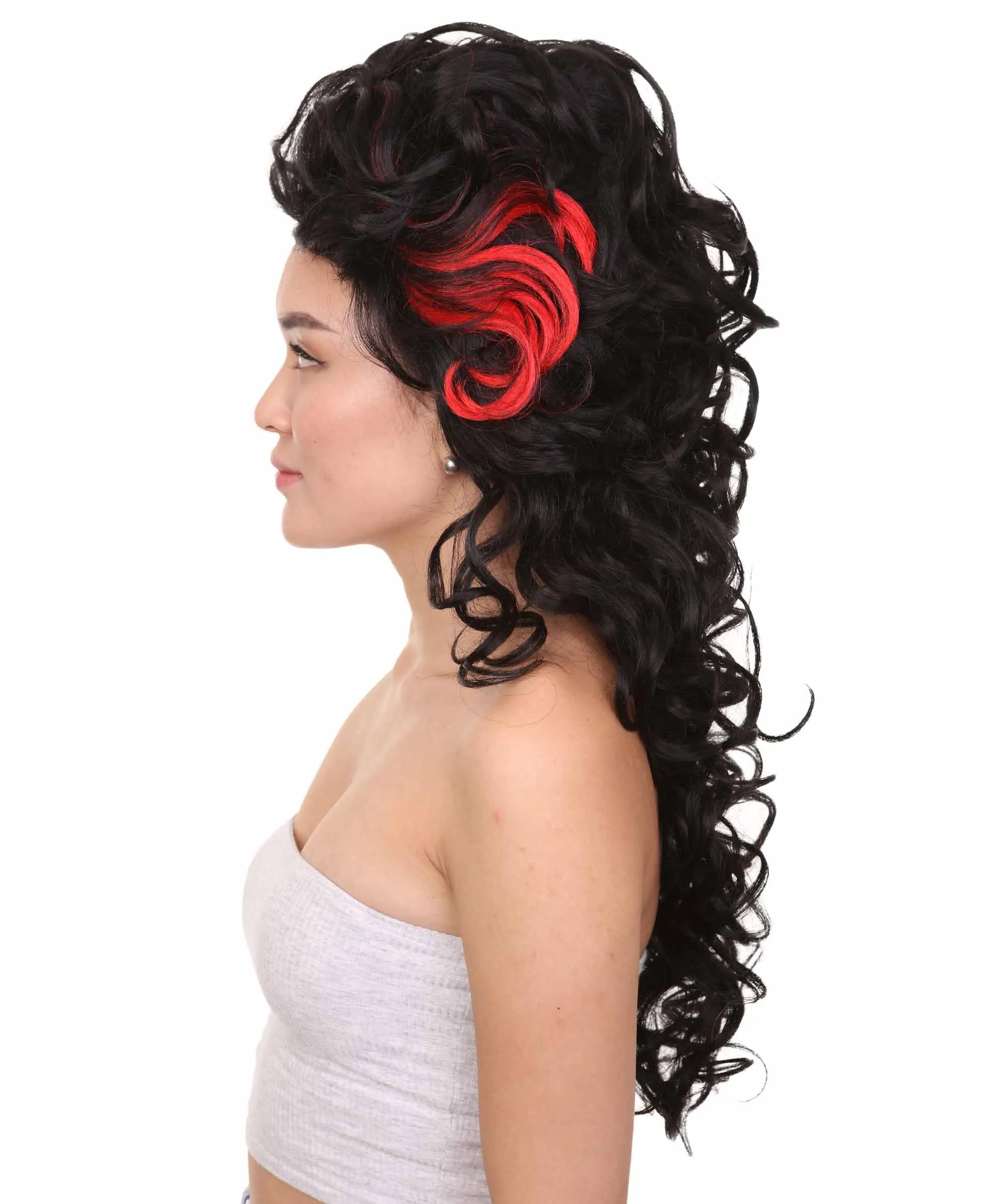 Ladies Wig | Black Curly Layered Womens Wig with Red Touch | Premium Breathable Capless Cap