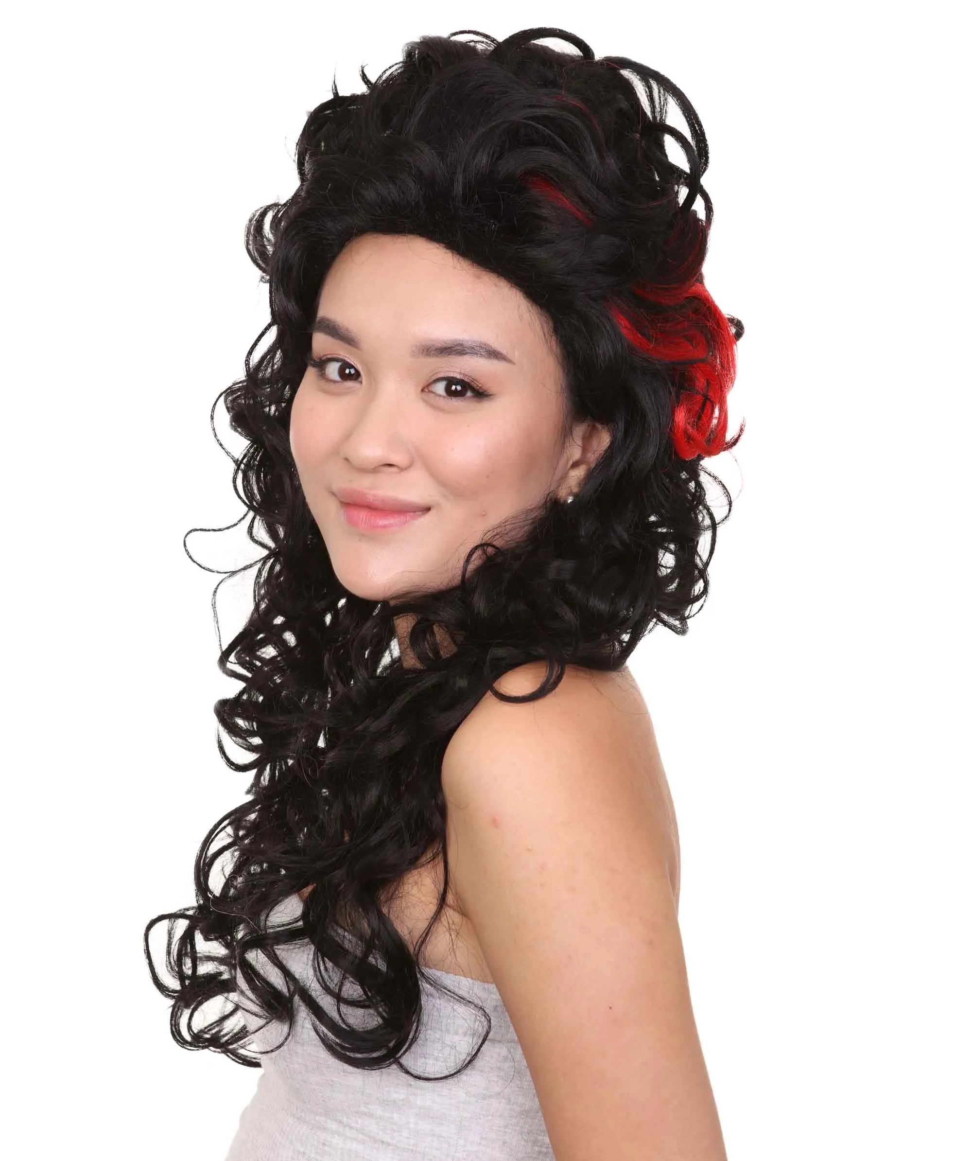 Ladies Wig | Black Curly Layered Womens Wig with Red Touch | Premium Breathable Capless Cap