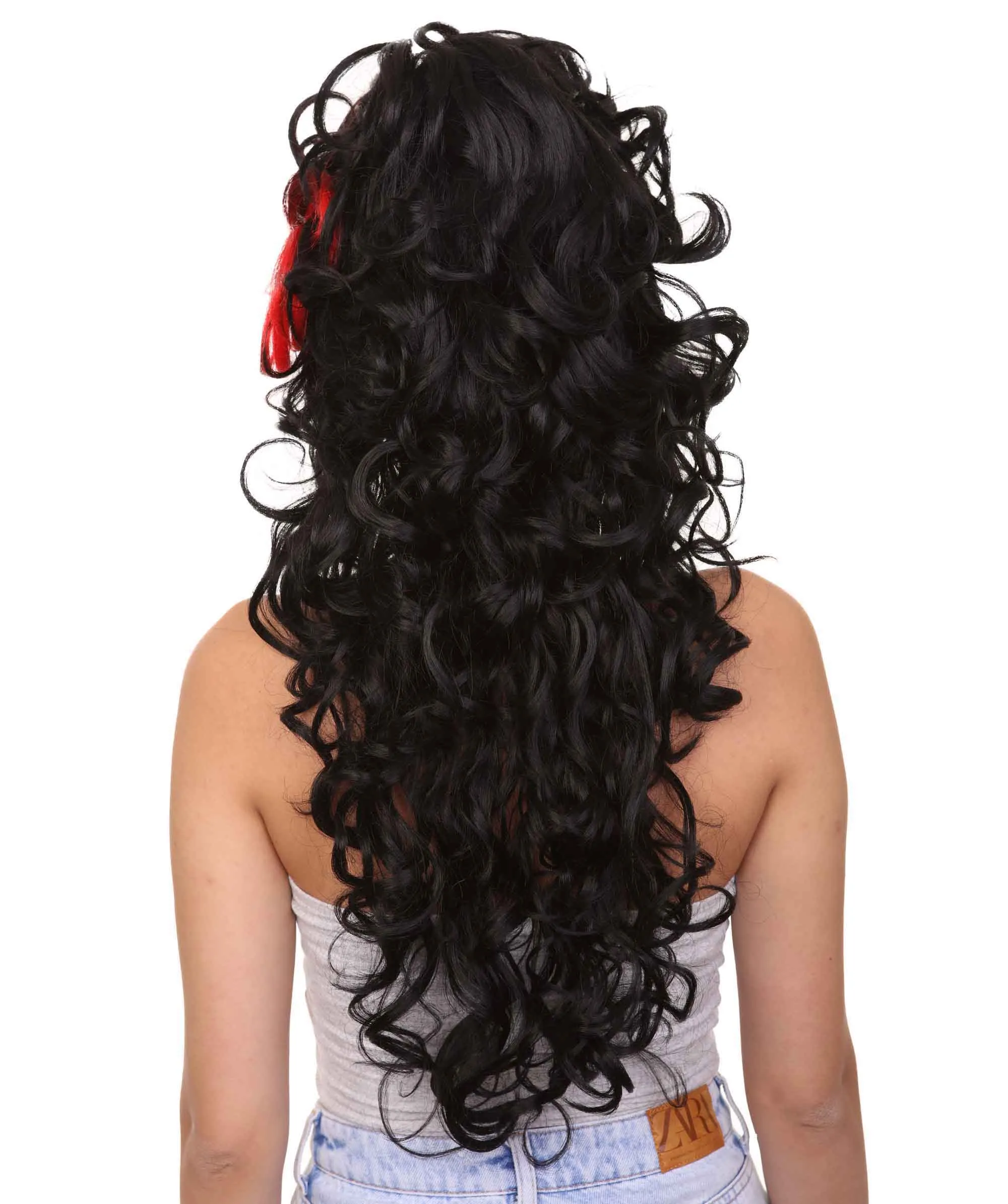 Ladies Wig | Black Curly Layered Womens Wig with Red Touch | Premium Breathable Capless Cap