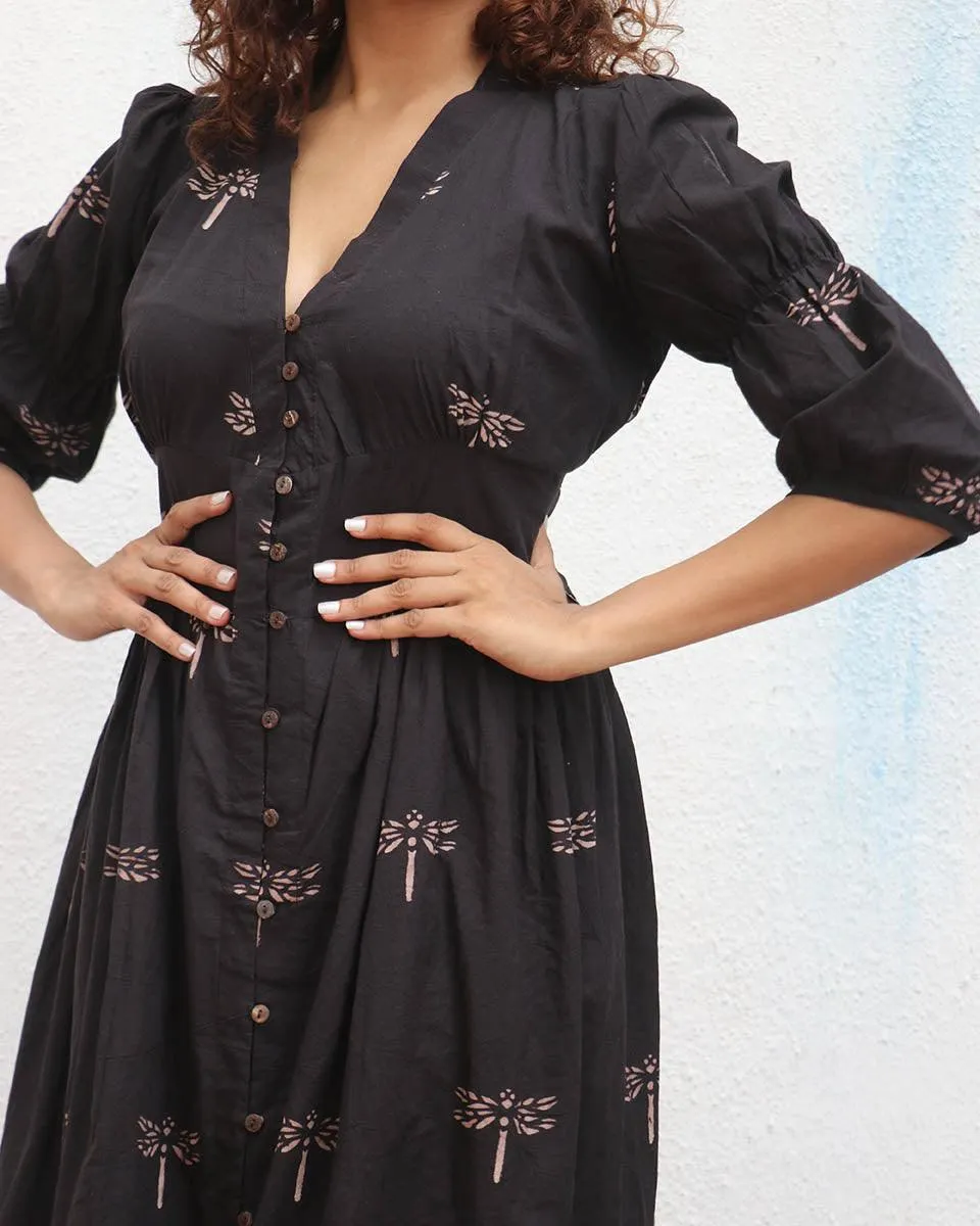 Laid Black  Handblock Printed Cotton Dress - Mono