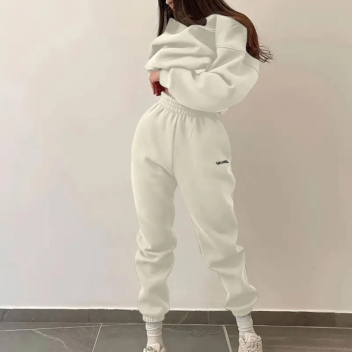 Lastesso Sweatsuits Women 2 Piece Outfit Plus Size Lounge Tracksuits Crew Neck Letter Sweatshirt Matching Active Pants