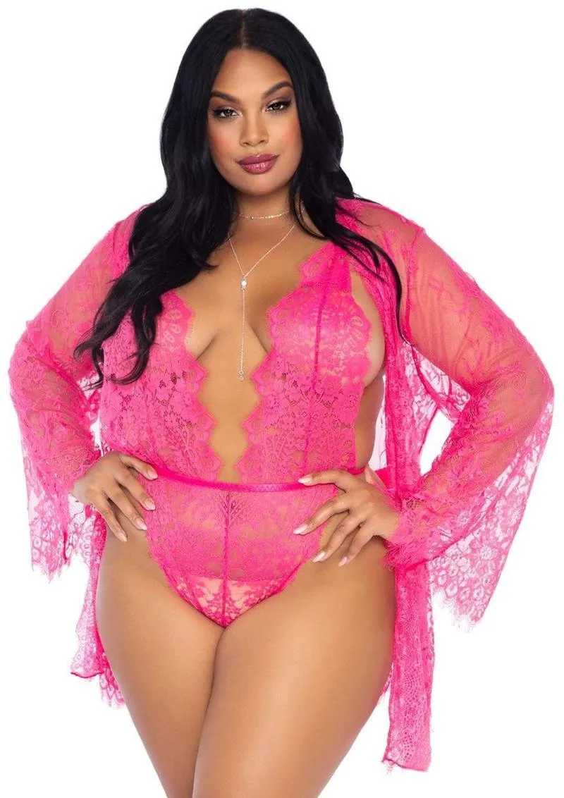 Leg Avenue Floral Lace Teddy with Adjustable Straps and Cheeky Thong Back, Matching Lace Robe with Scalloped Trim and Satin Tie