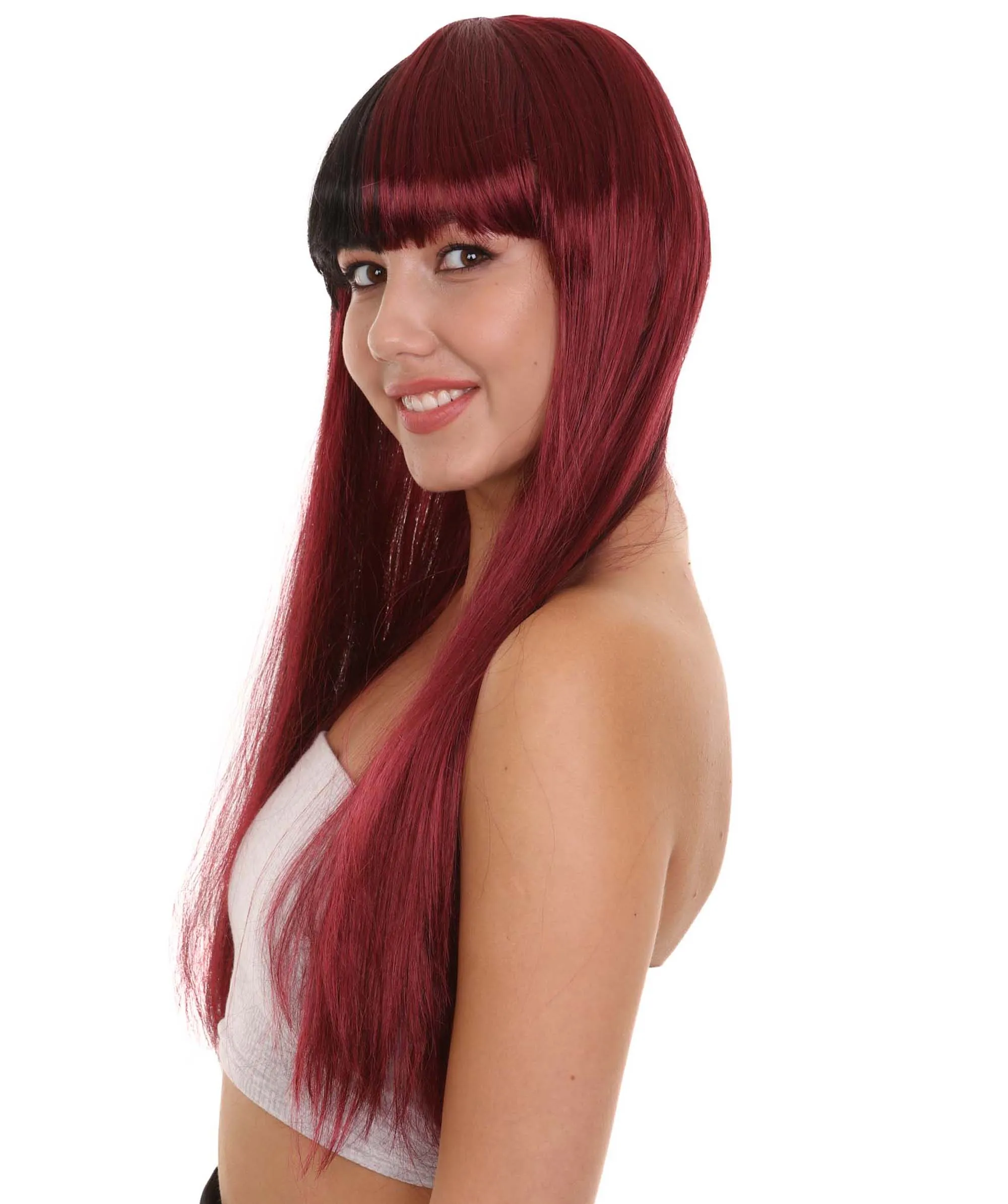 Long Black and Red Womens Wig | Movie Character Cosplay Halloween Wig | Premium Breathable Capless Cap