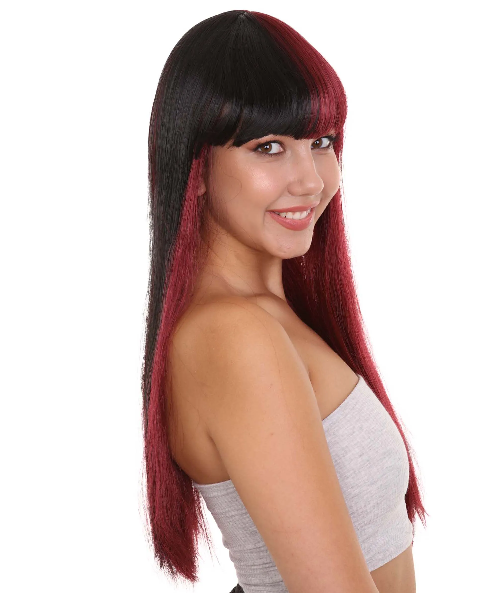 Long Black and Red Womens Wig | Movie Character Cosplay Halloween Wig | Premium Breathable Capless Cap