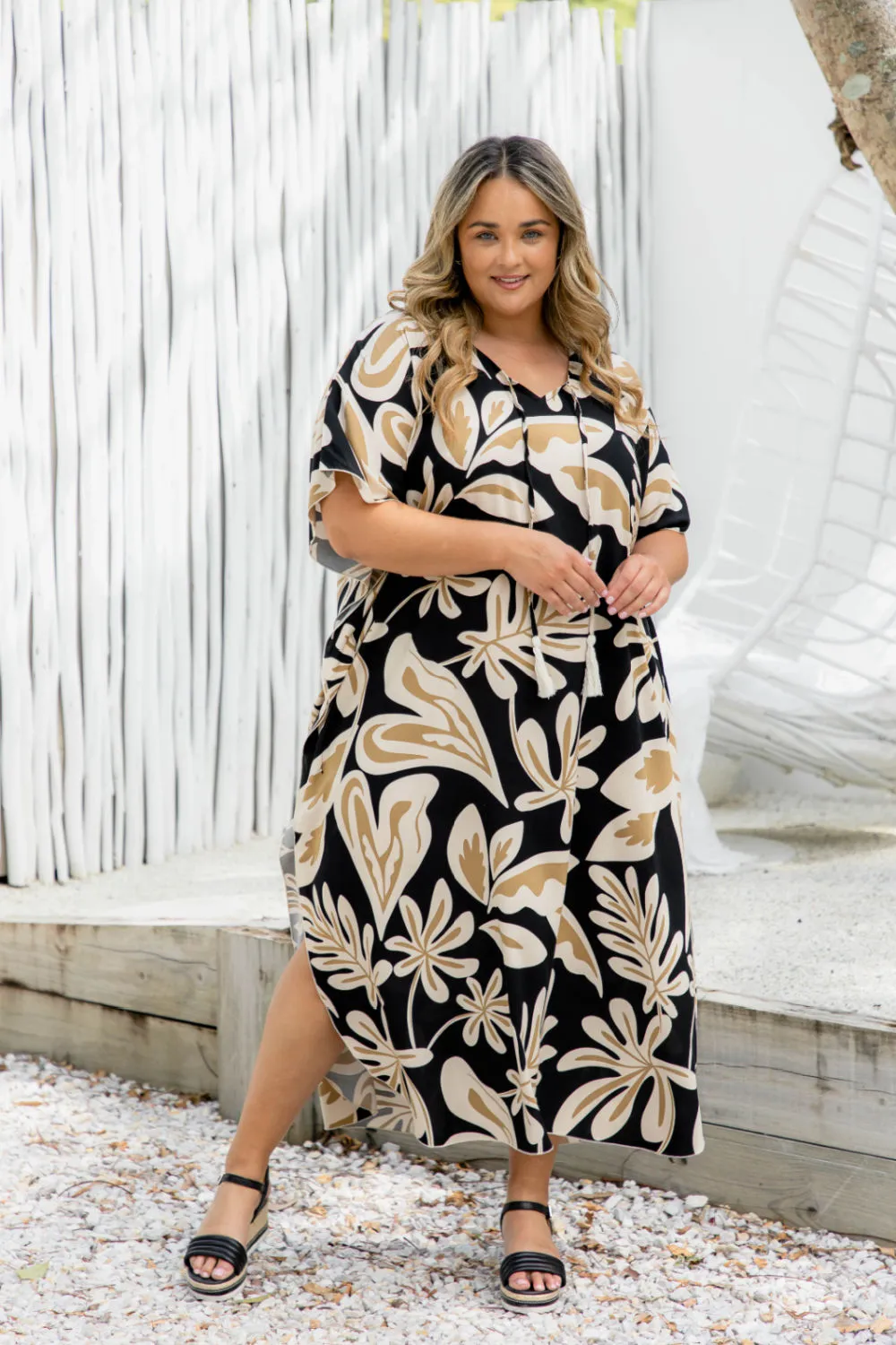 Long Kaftan Dress - Latte Leaves