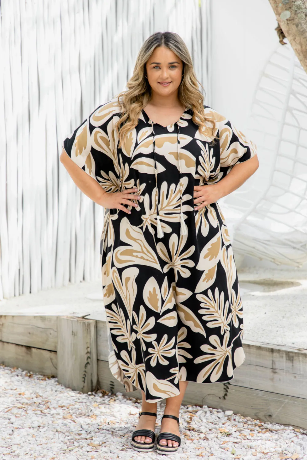 Long Kaftan Dress - Latte Leaves