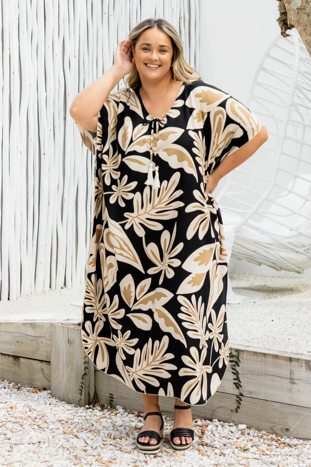 Long Kaftan Dress - Latte Leaves