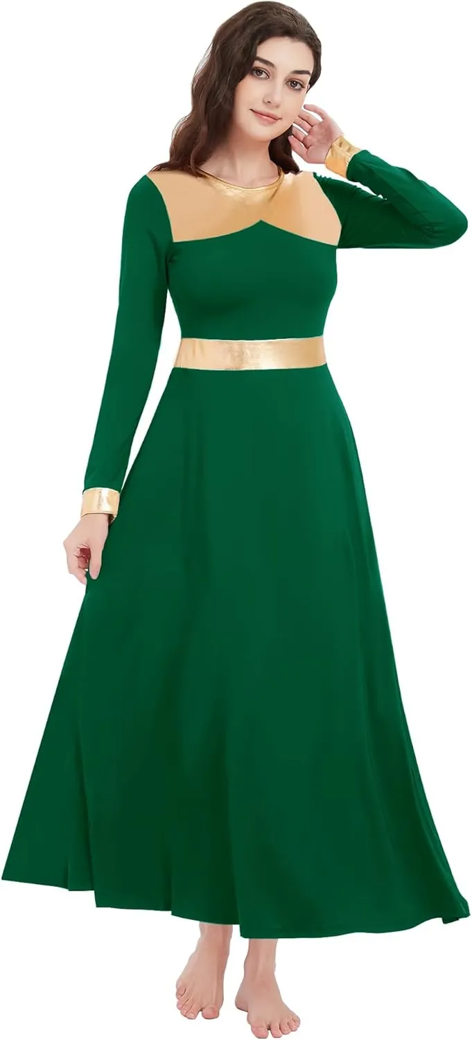 Long Sleeve Praise Dance Dress for Women Metallic Liturgical Worship Dance Costumes Lyrical Costume Church Robe