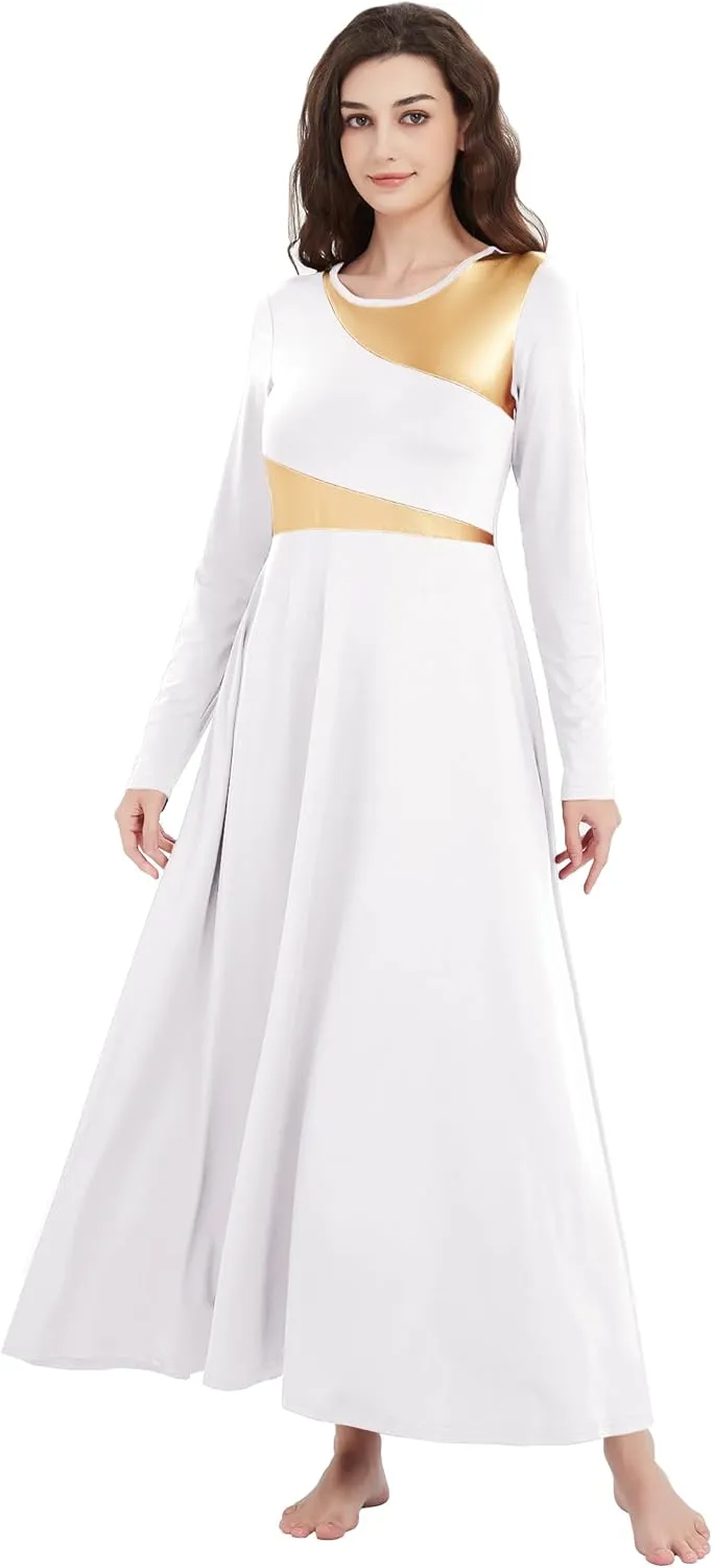 Long Sleeve Praise Dance Dress for Women Metallic Liturgical Worship Dance Costumes Lyrical Costume Church Robe