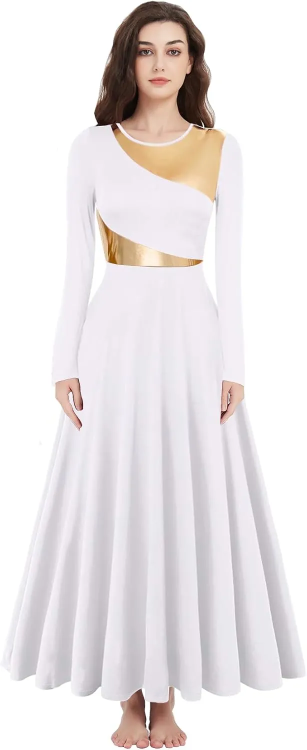 Long Sleeve Praise Dance Dress for Women Metallic Liturgical Worship Dance Costumes Lyrical Costume Church Robe