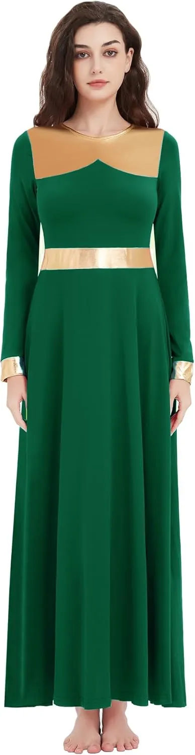 Long Sleeve Praise Dance Dress for Women Metallic Liturgical Worship Dance Costumes Lyrical Costume Church Robe