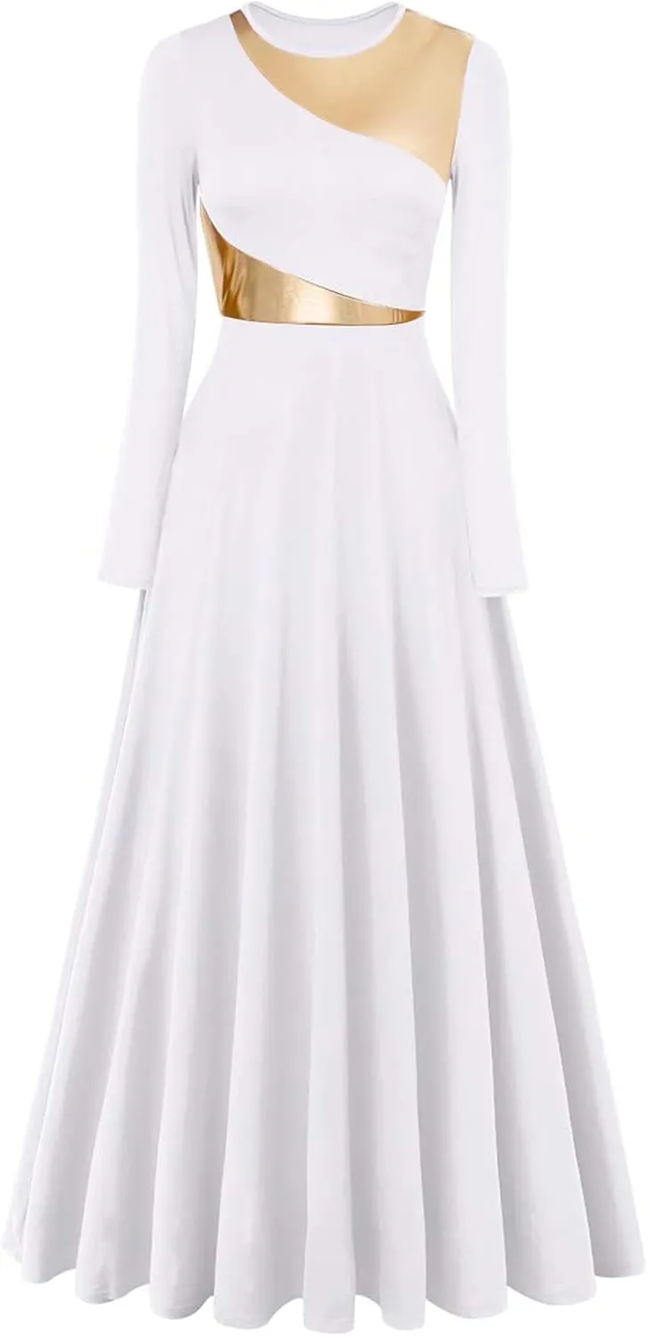 Long Sleeve Praise Dance Dress for Women Metallic Liturgical Worship Dance Costumes Lyrical Costume Church Robe
