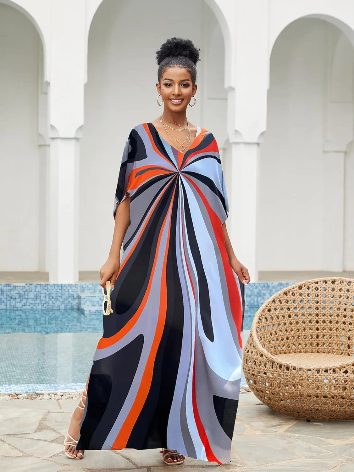 LOUSEA women's swimsuit cover up Batwing sleeve green beach long dress loose caftans for women bathing suit cover up dress