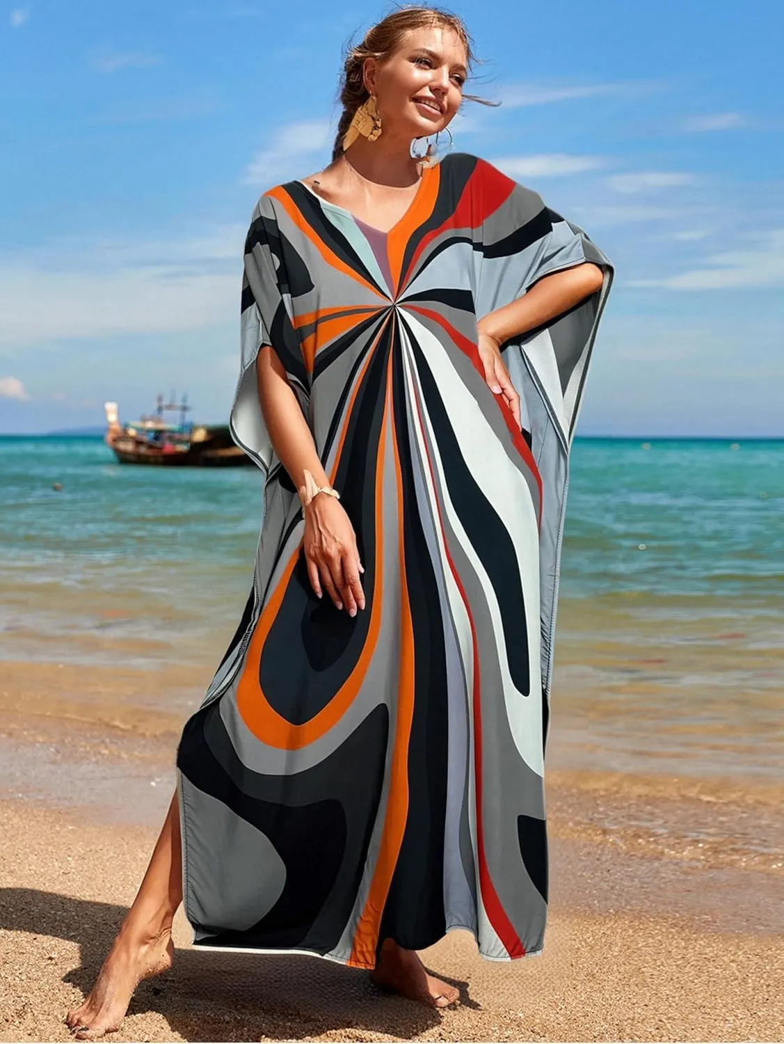 LOUSEA women's swimsuit cover up Batwing sleeve green beach long dress loose caftans for women bathing suit cover up dress