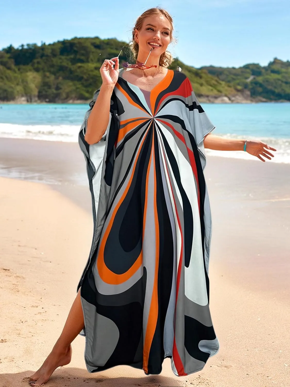 LOUSEA women's swimsuit cover up Batwing sleeve green beach long dress loose caftans for women bathing suit cover up dress